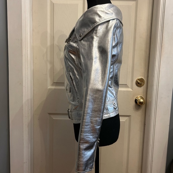 FAITH CONNEXION Off The Shoulder Silver Leather Jacket, sz FR38/US6 - Picture 5 of 9